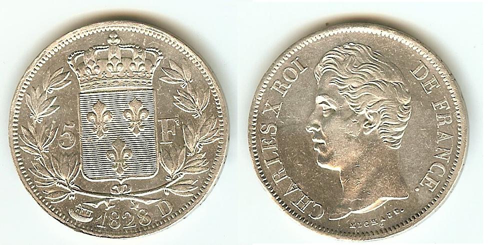 5 Francs Charles X 1828D Lyon AU+